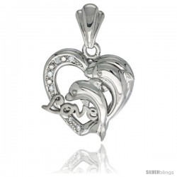 Sterling Silver DOLPHINS HEART LOVE Pendant CZ Stones Rhodium Finished, 3/4 in long