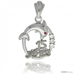 Sterling Silver Quinceanera 15 ANOS Dolphin Pendant CZ Stones Rhodium Finished, 29/32 in long