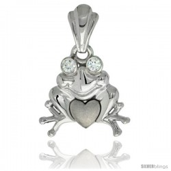 Sterling Silver Frog & Heart Pendant CZ Stones Rhodium Finished, 11/16 in long