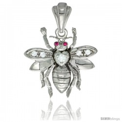 Sterling Silver Bee Pendant CZ Stones Rhodium Finished, 7/8 in long