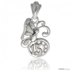 Sterling Silver Quinceanera 15 ANOS Butterfly Pendant CZ Stones Rhodium Finished, 7/8 in long