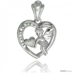 Sterling Silver Cupid Pendant CZ Stones Rhodium Finished, 25/32 in long