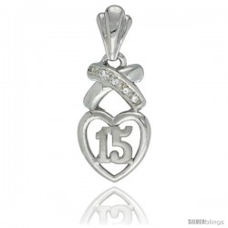 Sterling Silver Quinceanera 15 Anos Pendant w Hearts and Kisses CZ stones Rhodium Finished, 3/4 in long