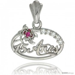 Sterling Silver Quinceanera 15 ANOS Flower Pendant CZ Stones Rhodium Finished, 15/32 in long