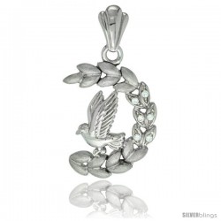 Sterling Silver Dove on Olive Branch Pendant CZ Stones Rhodium Finished, 1 1/8 in long