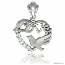 Sterling Silver LOVE w/ Dove Heart Pendant CZ Stones Rhodium Finished, 3/4 in long