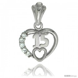 Sterling Silver Quinceanera 15 ANOS Heart Pendant CZ Stones Rhodium Finished, 11/16 in long