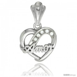 Sterling Silver AMOR Heart Pendant CZ Stones Rhodium Finished, 5/8 in long