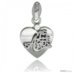 Sterling Silver Quinceanera 15 ANOS Heart Pendant CZ Stones Rhodium Finished, 5/8 in long