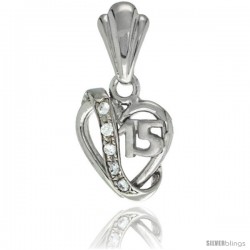 Sterling Silver Quinceanera 15 ANOS Heart Pendant CZ Stones Rhodium Finished, 19/32 in long