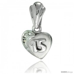 Sterling Silver Quinceanera 15 ANOS Heart Pendant CZ Stones Rhodium Finished, 15/32 in long