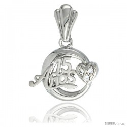 Sterling Silver Quinceanera 15 ANOS w/ Heart Pendant CZ Stones Rhodium Finished, 11/16 in long