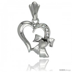 Sterling Silver Heart w/ Bow Heart Pendant CZ Stones Rhodium Finished, 13/16 in long