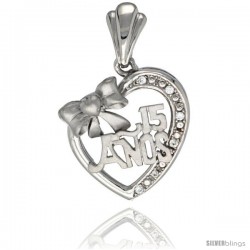 Sterling Silver Quinceanera 15 ANOS w/ Bow Heart Pendant CZ Stones Rhodium Finished, 29/32 in long