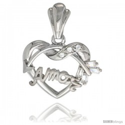 Sterling Silver AMOR w/ Cupid's Bow Pendant CZ Stones Rhodium Finished, 3/4 in long