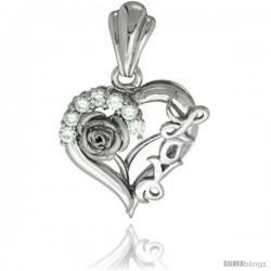 Sterling Silver LOVE Rose Heart Pendant CZ Stones Rhodium Finished, 13/16 in long