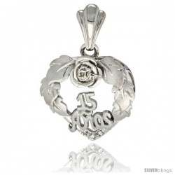 Sterling Silver Quinceanera 15 ANOS Heart Wreath Pendant CZ Stones Rhodium Finished, 13/16 in long