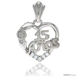 Sterling Silver Quinceanera 15 ANOS Rose Pendant CZ Stones Rhodium Finished, 25/32 in long