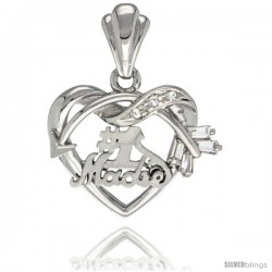 Sterling Silver No. 1 Madre w/ Cupid's Bow Heart Pendant CZ Stones Rhodium Finished, 3/4 in long