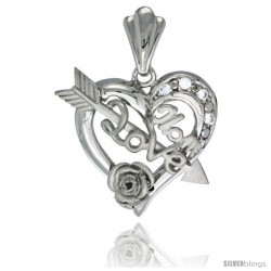 Sterling Silver LOVE MOM w/ Cupid's Bow & Rose Heart Pendant CZ Stones Rhodium Finished, 7/8 in long