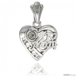 Sterling Silver No. 1 MOM Heart Love Pendant CZ Stones Rhodium Finished, 3/4 in long