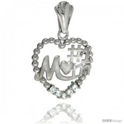 Sterling Silver No. 1 MOM Heart Pendant CZ Stones Rhodium Finished, 13/16 in long