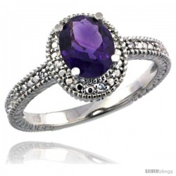 Sterling Silver Diamond Vintage Style Oval Amethyst Stone Ring Rhodium Finish, 7x5 mm Oval Cut Gemstone