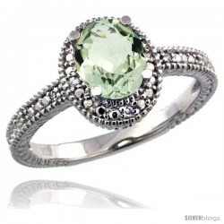 Sterling Silver Diamond Vintage Style Oval Green Amethyst Stone Ring Rhodium Finish, 7x5 mm Oval Cut Gemstone