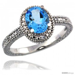 Sterling Silver Diamond Vintage Style Oval Blue Topaz Stone Ring Rhodium Finish, 7x5 mm Oval Cut Gemstone