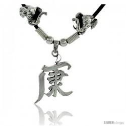 Sterling Silver Chinese Character Pendant for "STRONG", 1 3/16" (30 mm) tall, w/ Good Luck Elephant Heads & 18" Rubber Cord