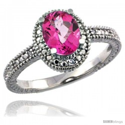 Sterling Silver Diamond Vintage Style Oval Pink Topaz Stone Ring Rhodium Finish, 7x5 mm Oval Cut Gemstone