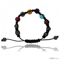 Multi Color Crystal Disco Ball Adjustable Unisex Macrame Bead Bracelet w/ Hematite Beads, 3/8 in. (10 mm) wide