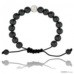 Adjustable Unisex Hematite Macrame Bead Bracelet w/ Crystal Disco Ball, 3/8 in. (10 mm) wide