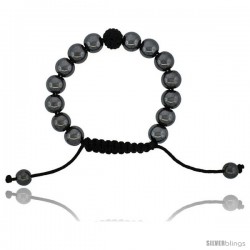 Adjustable Unisex Hematite Macrame Bead Bracelet w/ Black Crystal Disco Ball, 3/8 in. (10 mm) wide