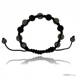 Gray & Black Color Crystal Disco Ball Adjustable Unisex Macrame Bead Bracelet w/ Hematite Beads, 3/8 in. (10 mm) wide