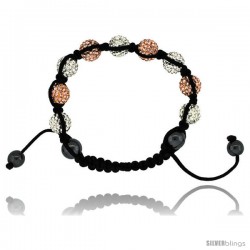 Peach & White Color Crystal Disco Ball Adjustable Unisex Macrame Bead Bracelet w/ Hematite Beads, 3/8 in. (10 mm) wide