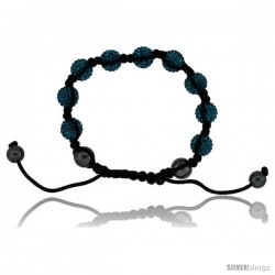 Blue-Green Color Crystal Disco Ball Adjustable Unisex Macrame Bead Bracelet w/ Hematite Beads, 3/8 in. (10 mm) wide