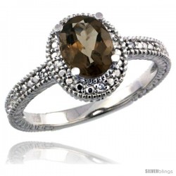 Sterling Silver Diamond Vintage Style Oval Smoky Topaz Stone Ring Rhodium Finish, 7x5 mm Oval Cut Gemstone