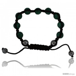 Emerald Green Color Crystal Disco Ball Adjustable Unisex Macrame Bead Bracelet w/ Hematite Beads, 3/8 in. (10 mm) wide