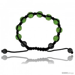 Yellow-Green Color Crystal Disco Ball Adjustable Unisex Macrame Bead Bracelet w/ Hematite Beads, 3/8 in. (10 mm) wide