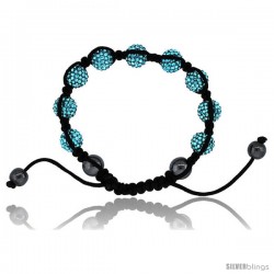 Aquamarine Blue Color Crystal Disco Ball Adjustable Unisex Macrame Bead Bracelet w/ Hematite Beads, 3/8 in. (10 mm) wide