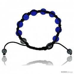 Blue Sapphire Color Crystal Disco Ball Adjustable Unisex Macrame Bead Bracelet w/ Hematite Beads, 3/8 in. (10 mm) wide