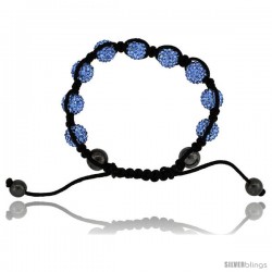 Blue Topaz Color Crystal Disco Ball Adjustable Unisex Macrame Bead Bracelet w/ Hematite Beads, 3/8 in. (10 mm) wide