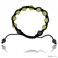 Yellow Color Crystal Disco Ball Adjustable Unisex Macrame Bead Bracelet w/ Hematite Beads, 3/8 in. (10 mm) wide