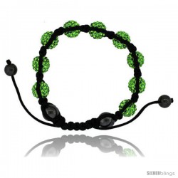 Green Peridot Color Crystal Disco Ball Adjustable Unisex Macrame Bead Bracelet w/ Hematite Beads, 1/2 in. (12.5 mm) wide