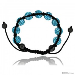 Blue Topaz Color Crystal Disco Ball Adjustable Unisex Macrame Bead Bracelet w/ Hematite Beads, 1/2 in. (12.5 mm) wide