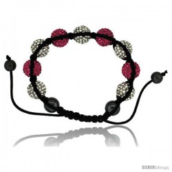 White & Pink Color Crystal Disco Ball Adjustable Unisex Macrame Bead Bracelet w/ Hematite Beads, 1/2 in. (12.5 mm) wide