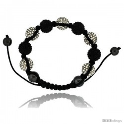White & Black Color Crystal Disco Ball Adjustable Unisex Macrame Bead Bracelet w/ Hematite Beads, 1/2 in. (12.5 mm) wide