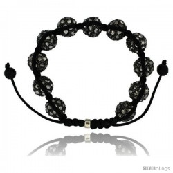 Black Crystal Disco Ball Adjustable Unisex Macrame Bead Bracelet w/ Hematite Beads, 1/2 in. (12.5 mm) wide