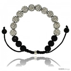 White Crystal Disco Ball Adjustable Unisex Macrame Bead Bracelet w/ Faceted Black Beads, 3/8 in. (10 mm) wide